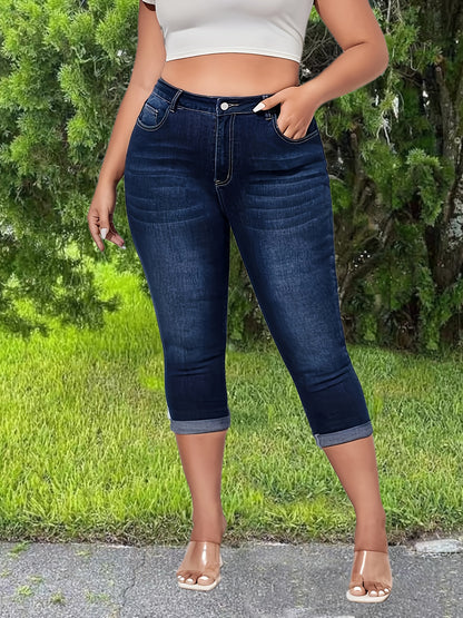 Plus Size Womens Stretch Jeans - Comfortable & Flattering Fit with Zipper Closure - Stylish Cuffed Denim Pants for Versatile Wear - Premium Quality