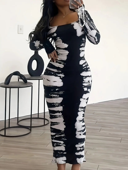 [Minimalist Chic] Elegant Black and White Tie-Dye Maxi Dress for Women - Chic Square Neck, Long Sleeves, Polyester Knit, Machine Washable Chic Le'Meek