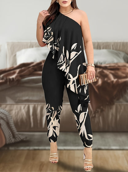 Plus Size Floral Print Jumpsuit, Casual One Shoulder Ruffle Jumpsuit, Women's Plus Size Clothing