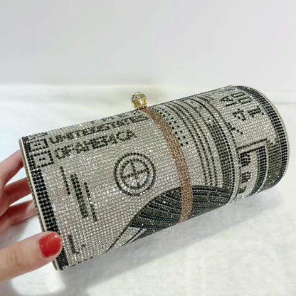 Sparkling Dollar Pattern Clutch Bag - Glamorous Cylinder Rhinestone Glitter Kiss Lock with Adjustable Metal Chain