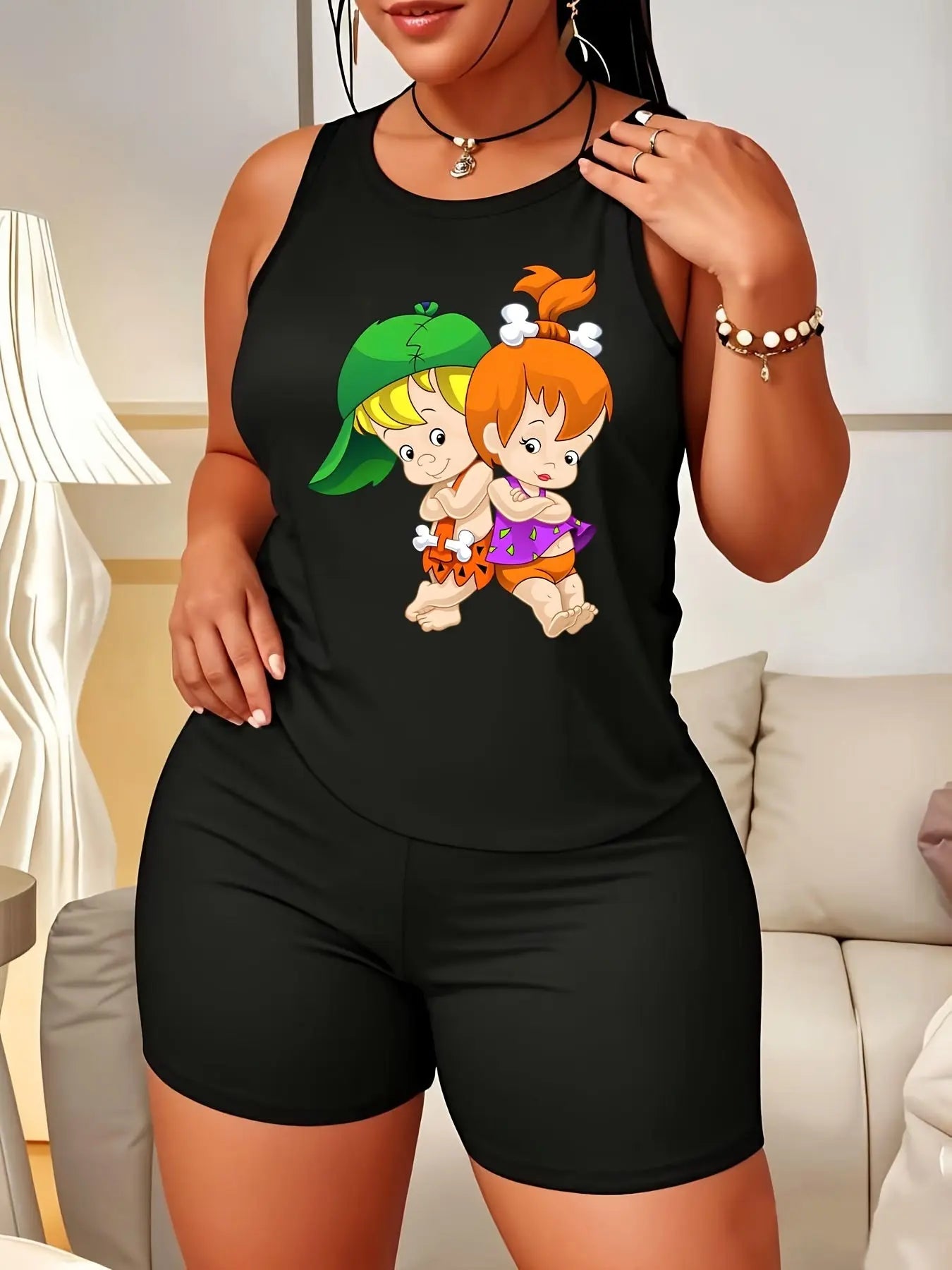 2 Sets Women's Plus Size Animated Sitcom Produced Flintstones Print Sleeveless T-shirt Tops and Shorts Sets Spring/Summer Fashion Outfit Casual Crew Neck Lounge Sets Chic Le'Meek