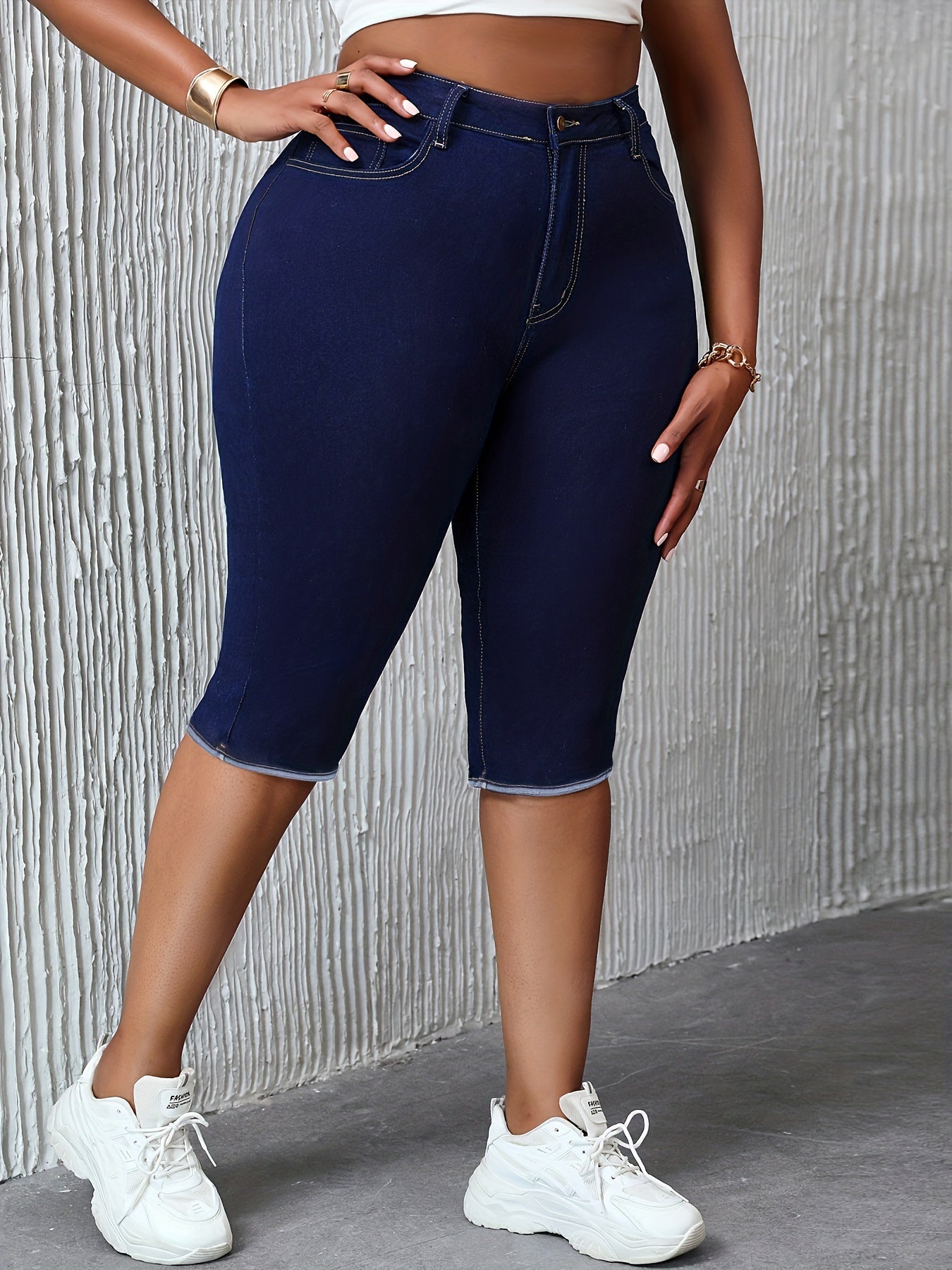 Plus Size Stretch Denim Pedal Pushers - Comfort Fit, High-Waist, Zip & Button Closure - Fashionable Everyday Wear