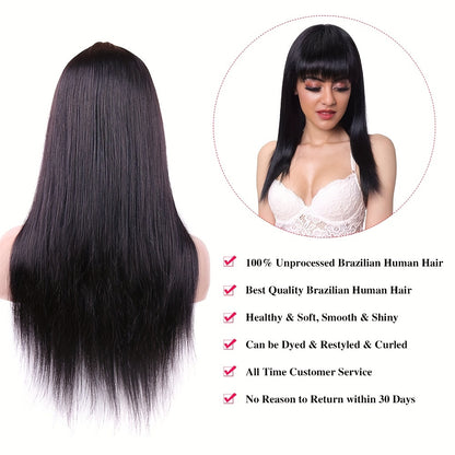 Straight Human Hair Wigs With Bangs Brazilian Virgin None Lace Front Wigs Glueless Machine Made For Women Wigs 150% Density Natural Color