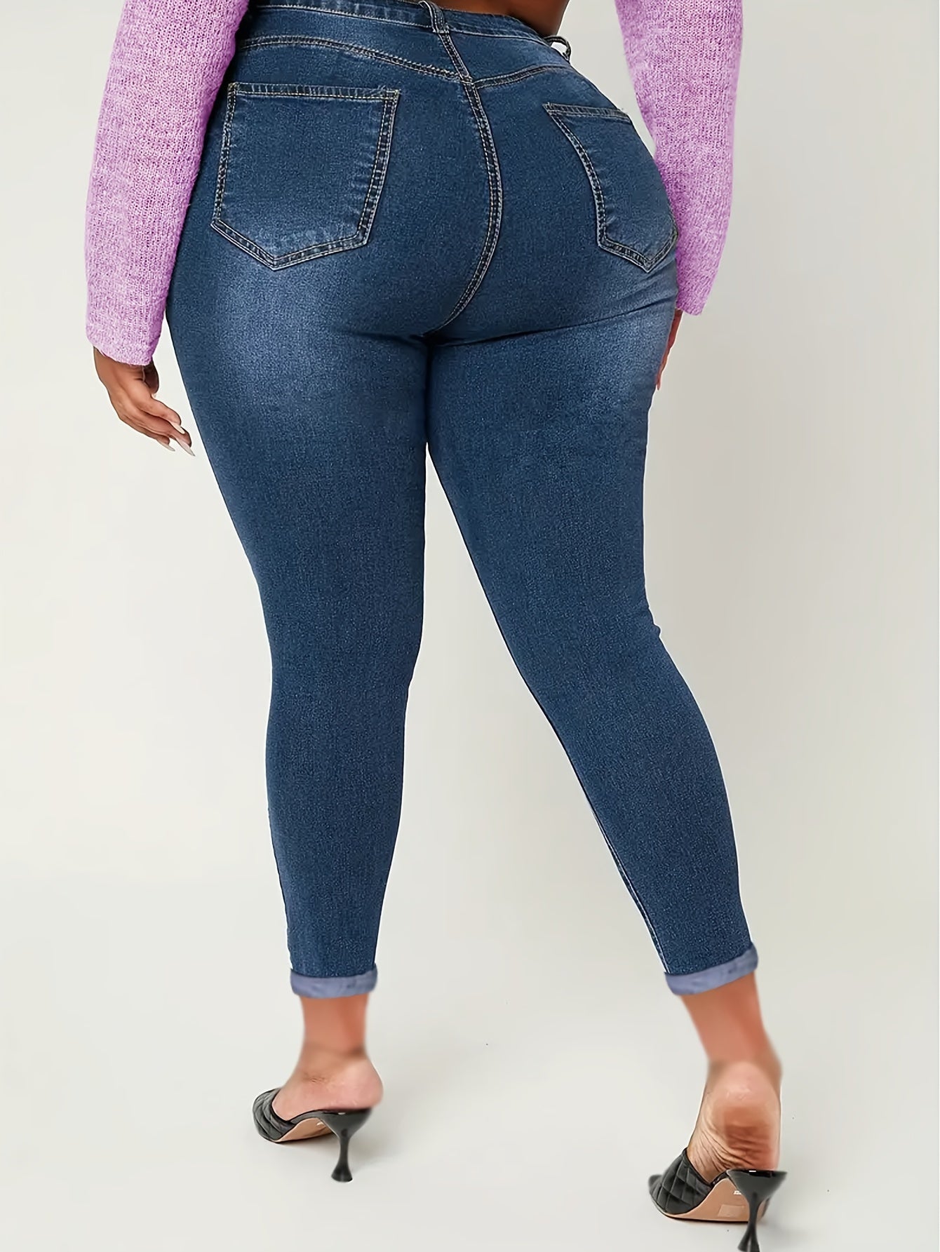 Plus Size Plain Skinny Fit Washed Blue Casual Style Zipper Button Closure Denim Pants, Women's Denim Jeans & Clothing