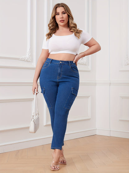 Women's Casual Jeans, Plus Size Side Flap Pocket Plain Blue High Waisted Cargo Slim Fit Denim Pants