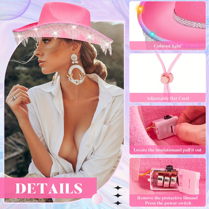 3 Pcs Light Up Rhinestone Cowboy Hat Glitter Cowboy Hat With Glasses, Headscarves, Adhesive Rhinestone Letter Patches (Pink)