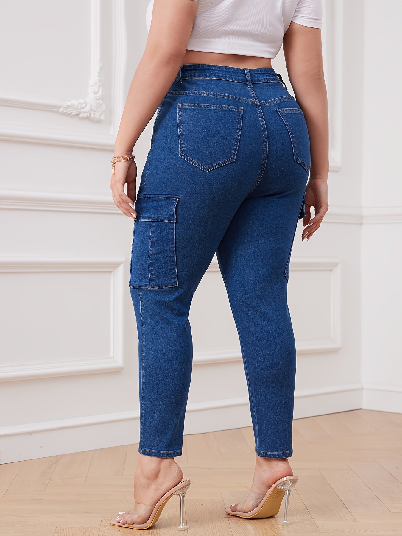 Women's Casual Jeans, Plus Size Side Flap Pocket Plain Blue High Waisted Cargo Slim Fit Denim Pants