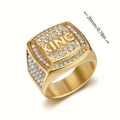 1pc 316L Stainless Steel Hip Hop Punk Style Ring, Luxurious Golden/Silvery King Ring, Inlaid With Rhinestone Ring For Men, Boyfriends Gift Fashion Jewelry