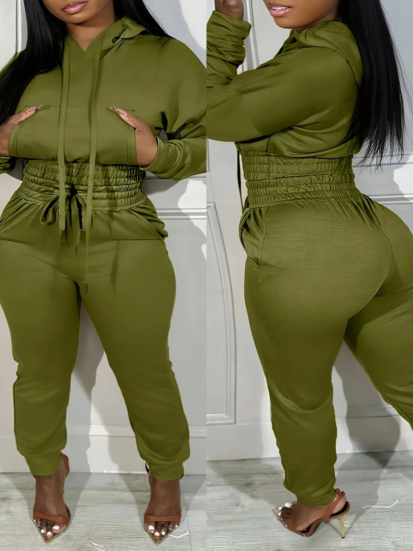 [Plus Size Elasticated Tunic Jogging] Plus Size Solid Elasticated Tunic Hooded Jogging Set Temu