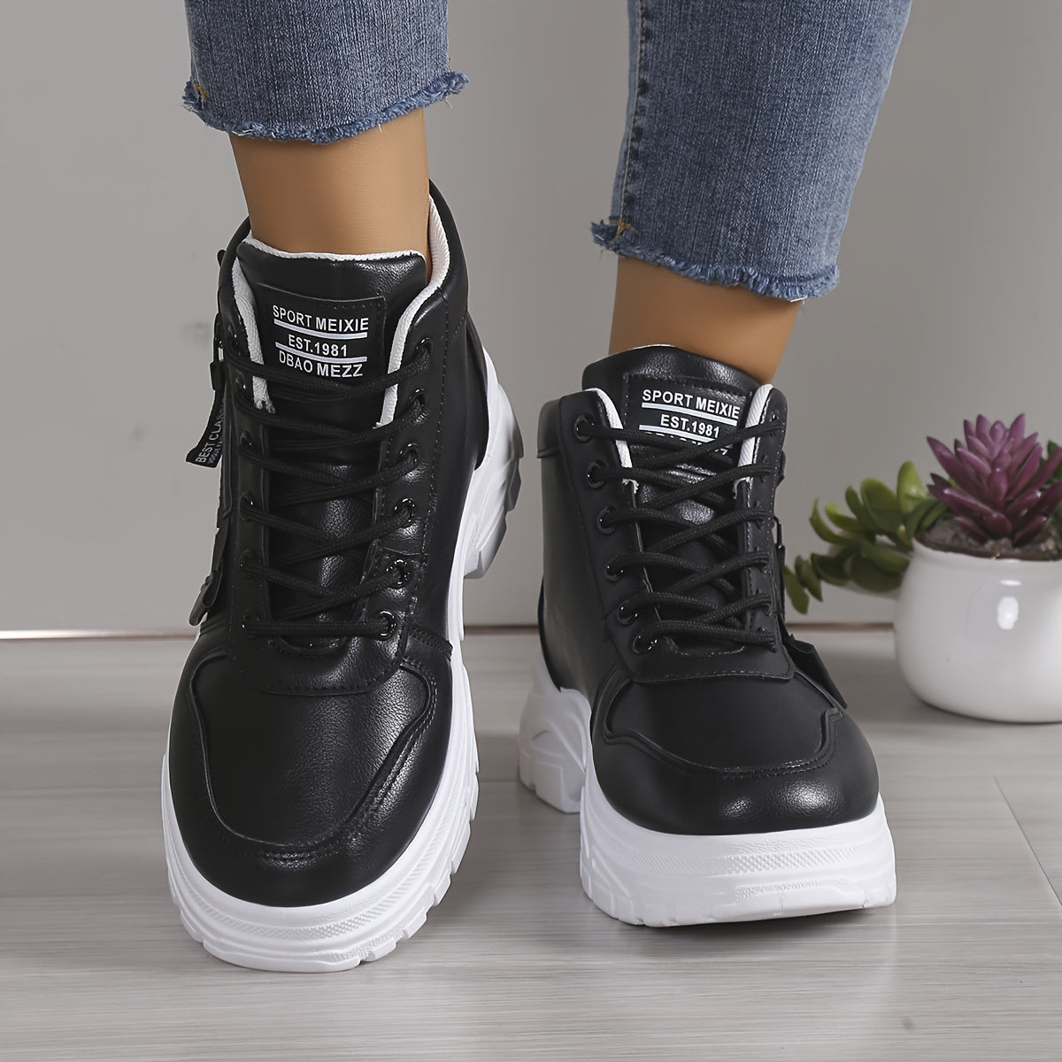 Women's Letter Graphic Side Zipper Platform Sneakers, Lace-up Fashion High-top Casual Sports Shoes With Hidden Heel, Women's Comfy Footwear