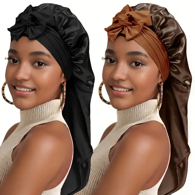 [Satin Sleep Caps] 2pcs Extra Long Satin Sleep Caps - Soft 100% Polyester, Adjustable Tie Design, Comfortable & Stylish for Women in Black & Pink Chic Le'Meek