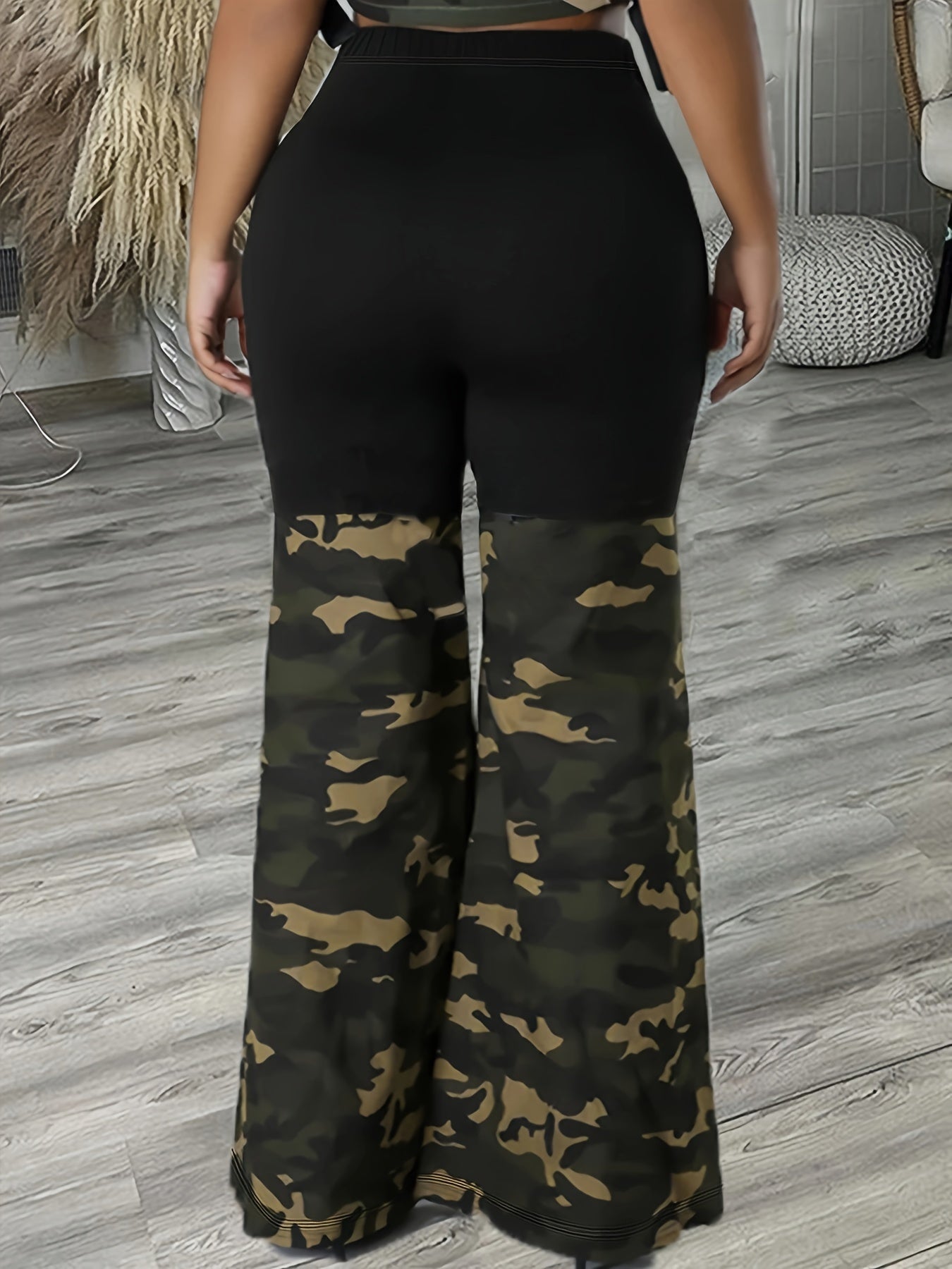 Plus Size Wide Leg Color Block Camouflage Pants - Soft Slight Stretch Polyester Fabric, Machine Washable, Random Printing, Black Fashion Style