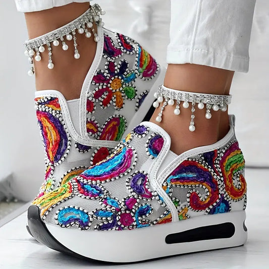 Abstract Print Side Lace-up Casual Wedge Sneakers - Without Anklet Chic Le'Meek