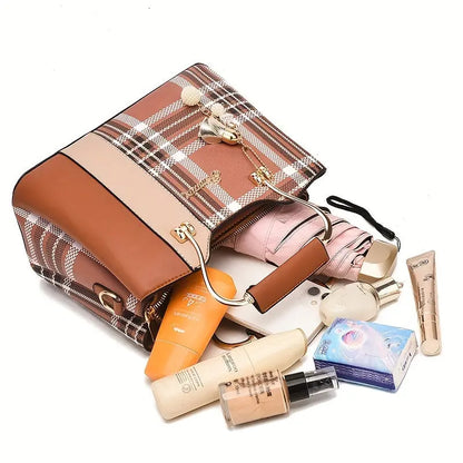 [Elegant Tote Bag] Elegant Plaid Tote Bag | Detachable Shoulder Strap & Zipper Closure, Black with Golden Accents, Charm Charms & Oil-Edged Trim, Versatile Handbag for Casual & Formal Outfits, Retro Handbag, Formal Accessory, Chic Le'Meek