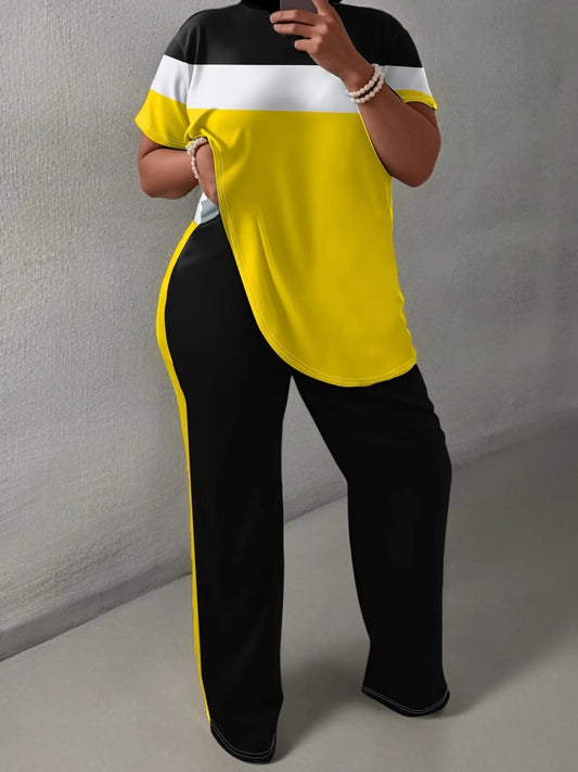 Women'S Plus Size Casual Color Block 2pcs Set - Elegant Crew Neck Short Sleeve Top & Straight Leg Pants, 95% Polyester 5% Elastane, Medium Stretch Knit Fabric, Machine Washable Chic Le'Meek