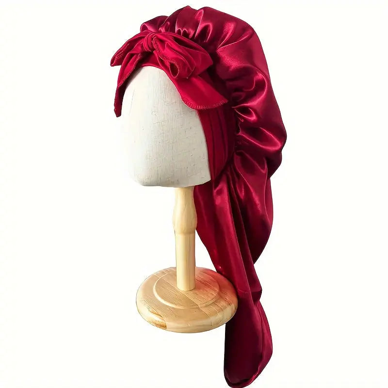 [Satin Sleep Caps] 2pcs Extra Long Satin Sleep Caps - Soft 100% Polyester, Adjustable Tie Design, Comfortable & Stylish for Women in Black & Pink Chic Le'Meek
