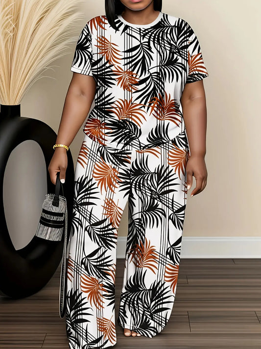 Smart Casual Plus Size Women'S Ethnic Style Crewneck Two-piece Short Sleeve Top And Long Pants Bottoms Set Chic Le'Meek