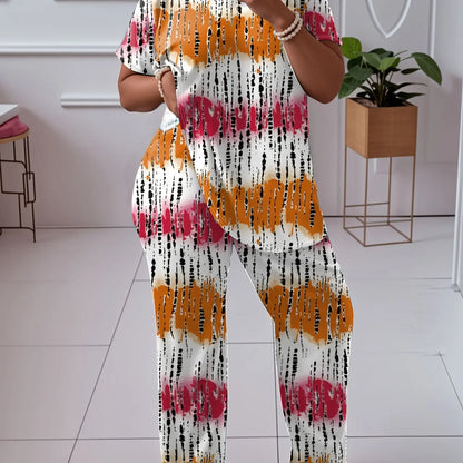 Women'S Plus Size Casual Colorblock Tie Dye 2pcs Set - Elegant Crew Neck Long Sleeve Top And Straight Leg Pants, 95% Polyester 5% Spandex, Medium Stretch Fabric, Machine Washable Chic Le'Meek
