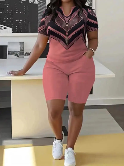 Elegant Plus-Size Bohemian Women'S V-Neck Short Sleeve Top & Shorts Set - Chic Wave Print, Casual Polyester Blend With Pockets, Perfect For Spring & Autumn - Comfortable & Stylish Home Wear, Short Sleeve Plus Size Chic Le'Meek