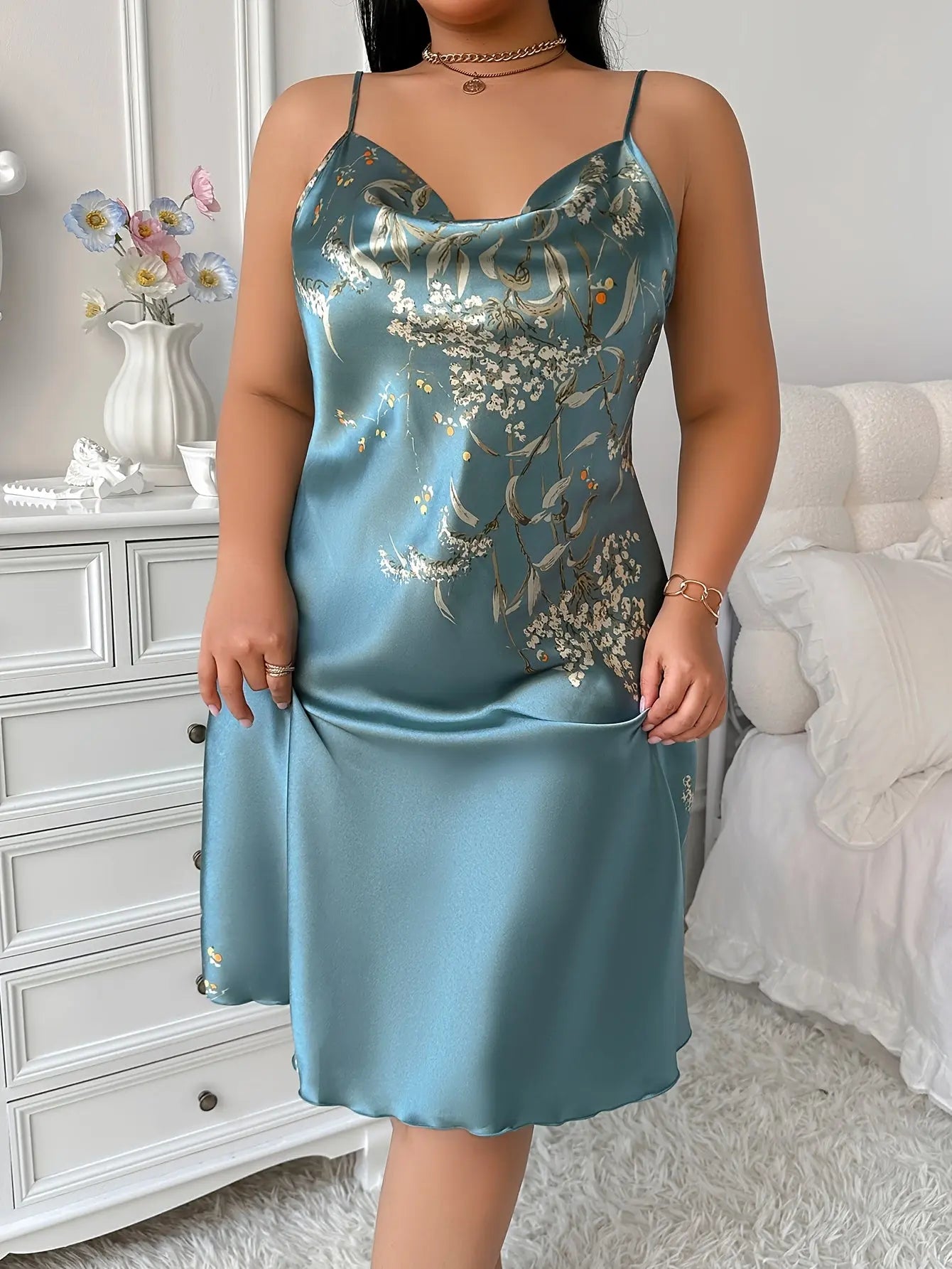 Plus Size Women's Black & Golden Floral Print Spaghetti Strap Nightgown Temu