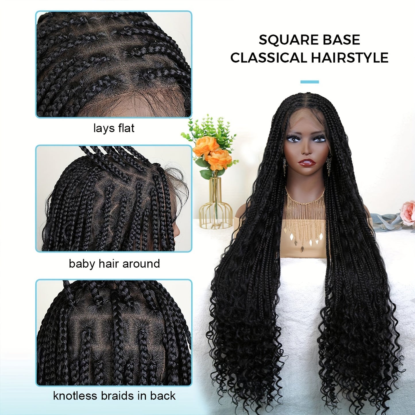 48 150% Density Full Lace Bohemian Braided Wig for African Women - Soft Boho Curls, Box Braids, Lace Front, Natural Looking, Breathable, Comfortable, Long-Lasting, Easy to Style - Basics Style