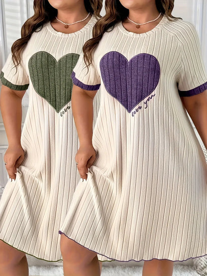 Plus Size Short-Sleeve Dress with Heart Embroidery Two-Piece Set Temu