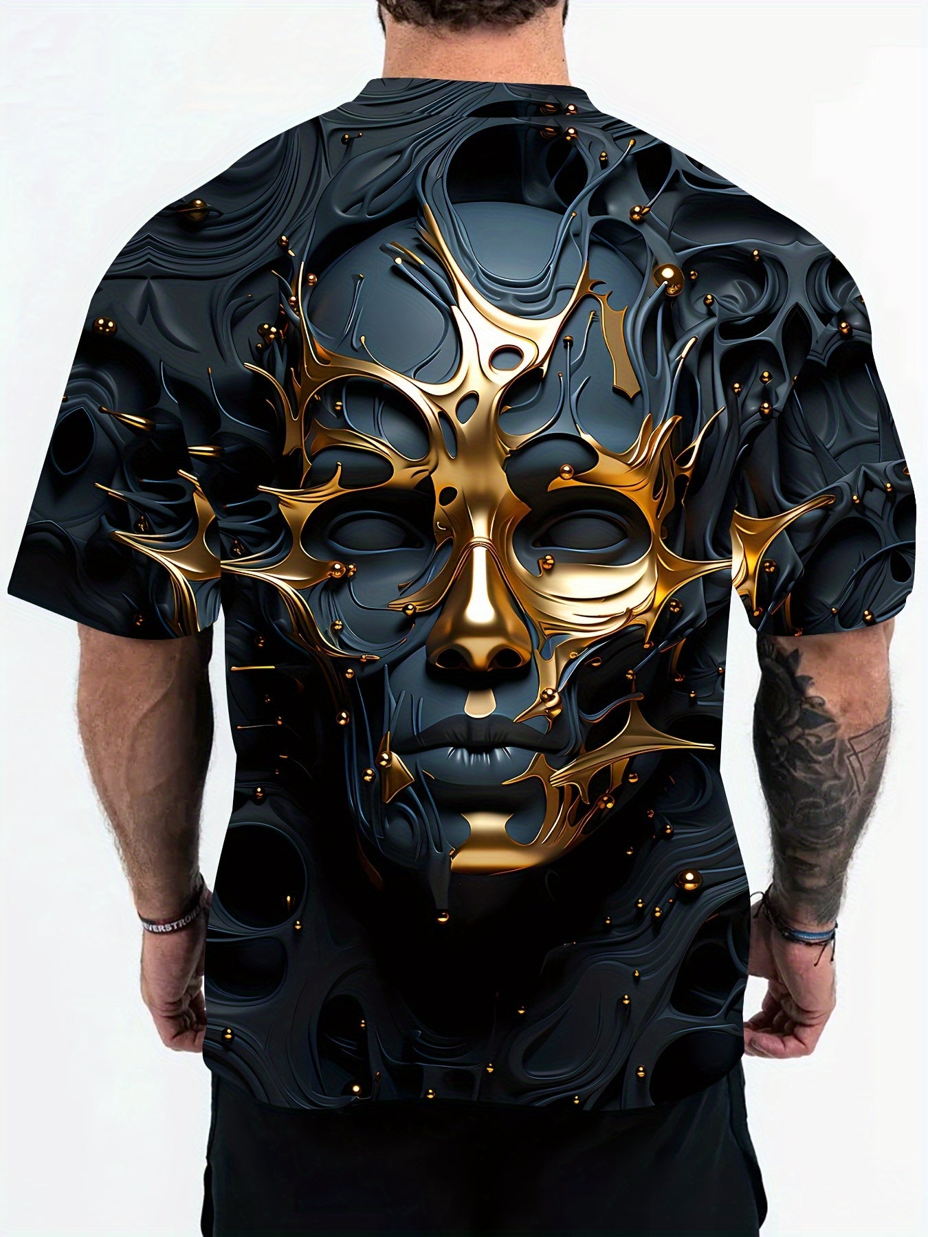 Stylish 3D Mask Print, Breathable, Slight Stretch, Crew Neck, Casual Tee for Summer - Machine Washable, No Dry Clean, Polyester Knit Fabric