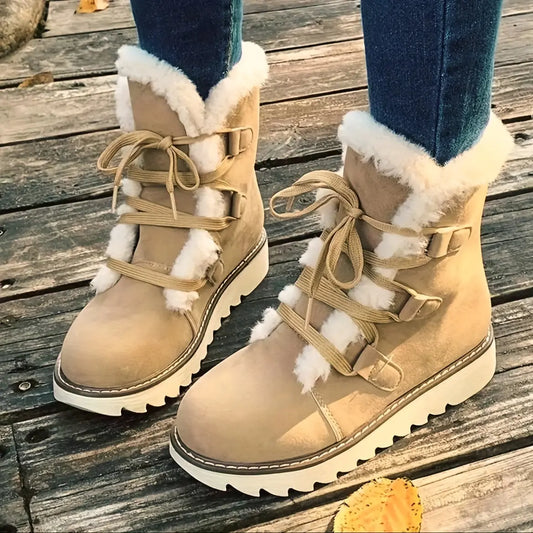 Women's Faux Fur Lined Snow Boots, Slip-Resistant Platform Soft Sole Warm Snow Boots, Comfort Mid-calf Non-slip Snow Boots Chic Le'Meek