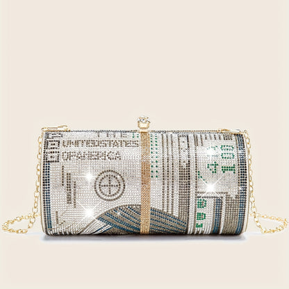 Sparkling Dollar Pattern Clutch Bag - Glamorous Cylinder Rhinestone Glitter Kiss Lock with Adjustable Metal Chain