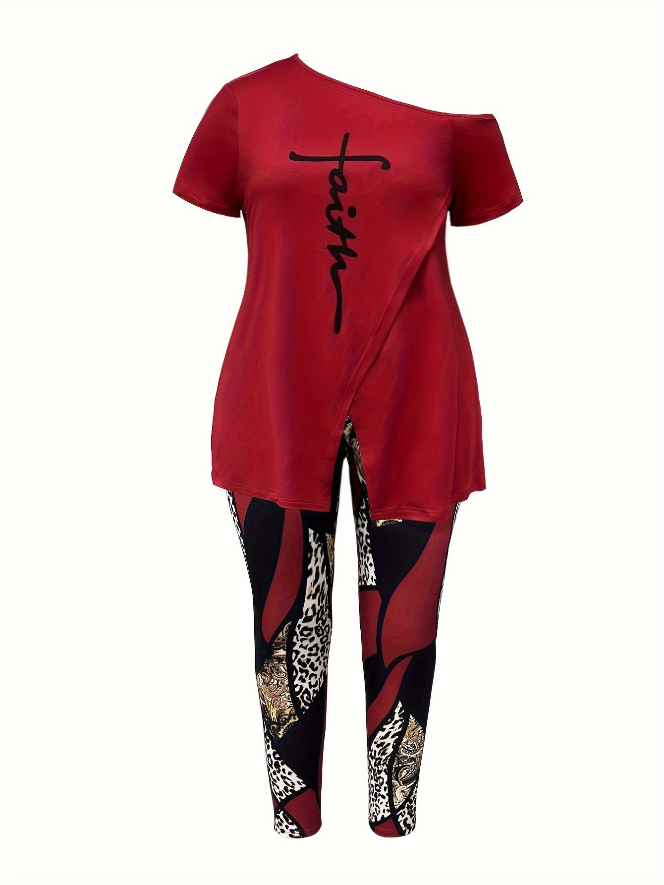 Plus Size Two-Piece Outfit - Trendy Cold Shoulder Short Sleeve Split Top & Eye-Catching Leopard Print Pants - Inspirational Faith Letter Print, Designed for Womens Plus Size Figures