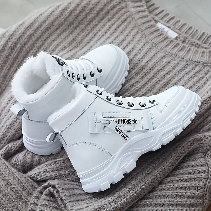 [Warm Fleece-Lined Winter Boots] Warm Fleece-Lined Women's Winter High-Top Boots - Thick Rubber Sole, Lace-Up Casual Style, White & Beige, Perfect for Cold Weather Comfort Chic Le'Meek