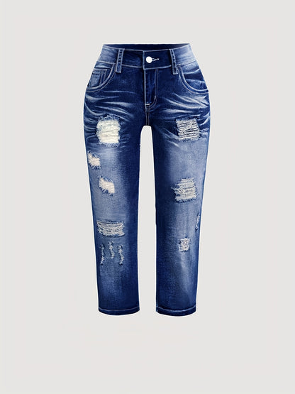 Plus Size Ripped Whiskering Distressed Washed Blue Capri Denim Pants, Women's Denim Jeans & Clothing