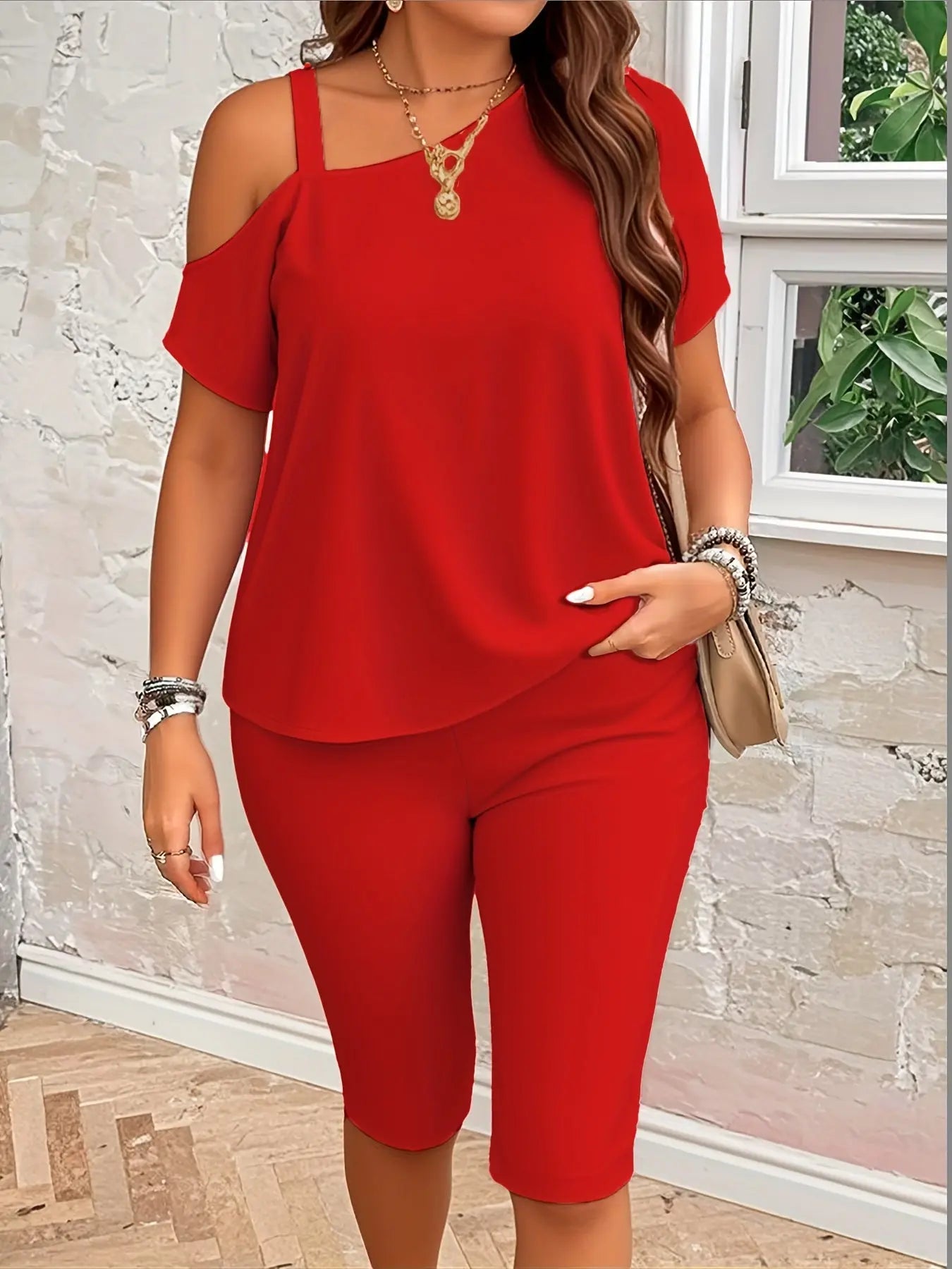 Women's Off-Shoulder Short Sleeve T-Shirt and Capri Pants Set - Casual Spring/Summer Outfit, Stylish Two-Piece Look, Polyester Blend, Asymmetrical Neckline, Perfect for Casual Attire, Casual Attire|Asymmetrical Neckline Top|P Chic Le'Meek