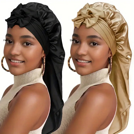[Satin Sleep Caps] 2pcs Extra Long Satin Sleep Caps - Soft 100% Polyester, Adjustable Tie Design, Comfortable & Stylish for Women in Black & Pink Chic Le'Meek