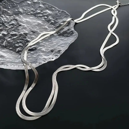 1pc Elegant Minimalist Multi-Layer Flat Snake Chain Necklace for Women - Golden-Tone Alloy Versatile Daily Wear & Holiday Gift Jewelry, Snake Jewelry Chic Le'Meek