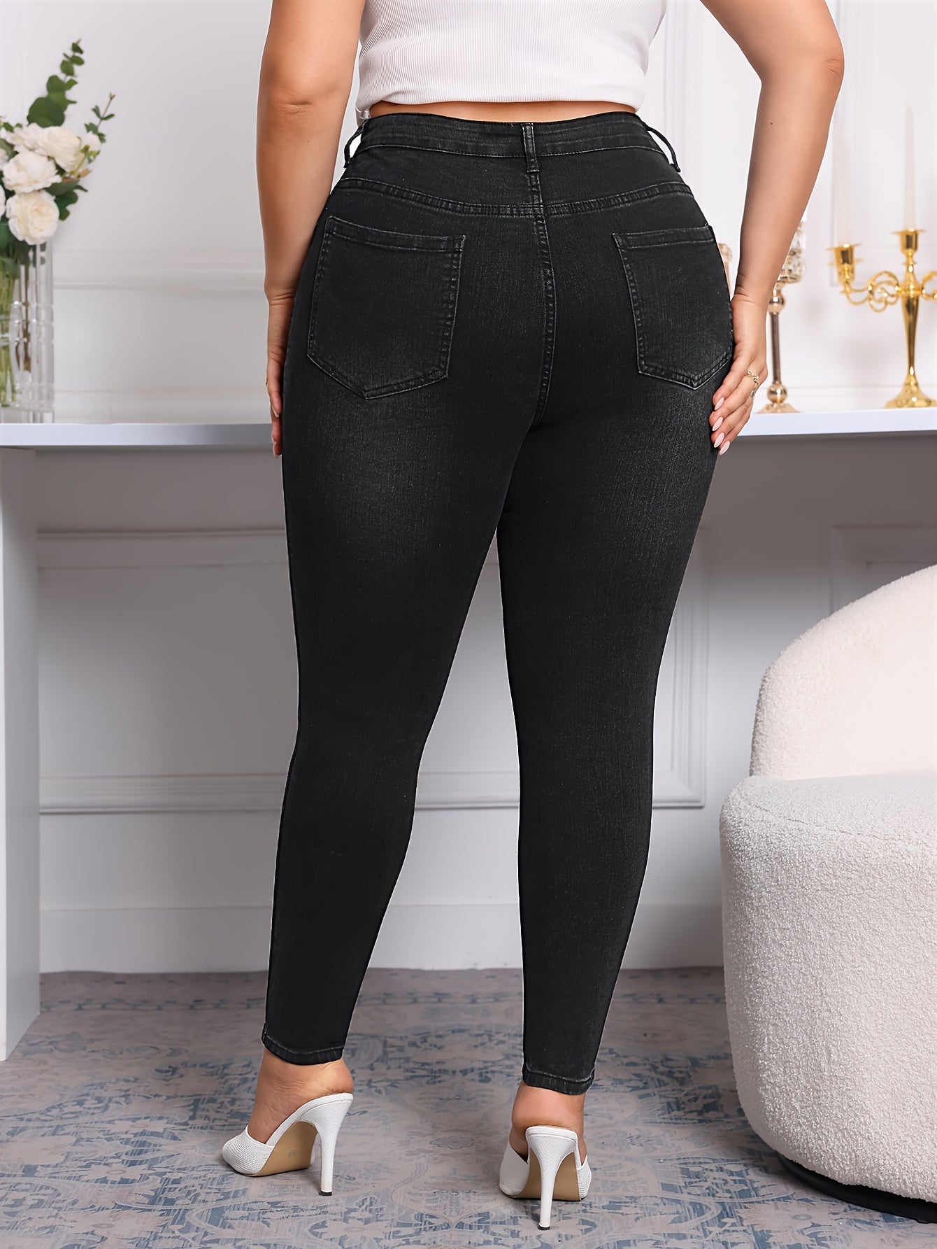 Black Color Plain Stretchy Skinny Fit Plus Size Denim Pants, Women's Denim Jeans & Clothing