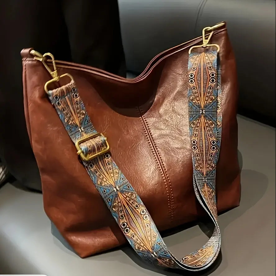 [Vintage Tote Bag] Large Vintage Tote Bag | Crossbody Bag with Removable Strap, Zipper Closure, Polyester Lining, Random Printing, No Edge Paint, for Women, Black/Beige/Rose Red/Pink/Light Grey/Blue/Light Green/Green/Light Br Chic Le'Meek