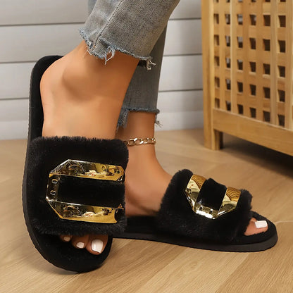 Women'S Black Satin Slippers with Golden Floral Applique - Soft Furry, Flat Sole, Indoor House Shoes for Bedroom & Vacation, All-Season Comfort, Wooden Floor Design, Bedroom Slippers | Elegant Home Footwear | Faux Cover Upper Chic Le'Meek