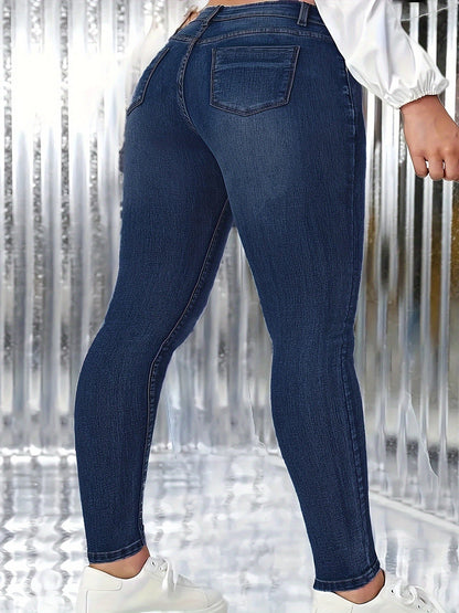 Plus Size Plain Skinny Fit Washed Blue Casual Style Zipper Button Closure Denim Pants, Women's Denim Jeans & Clothing