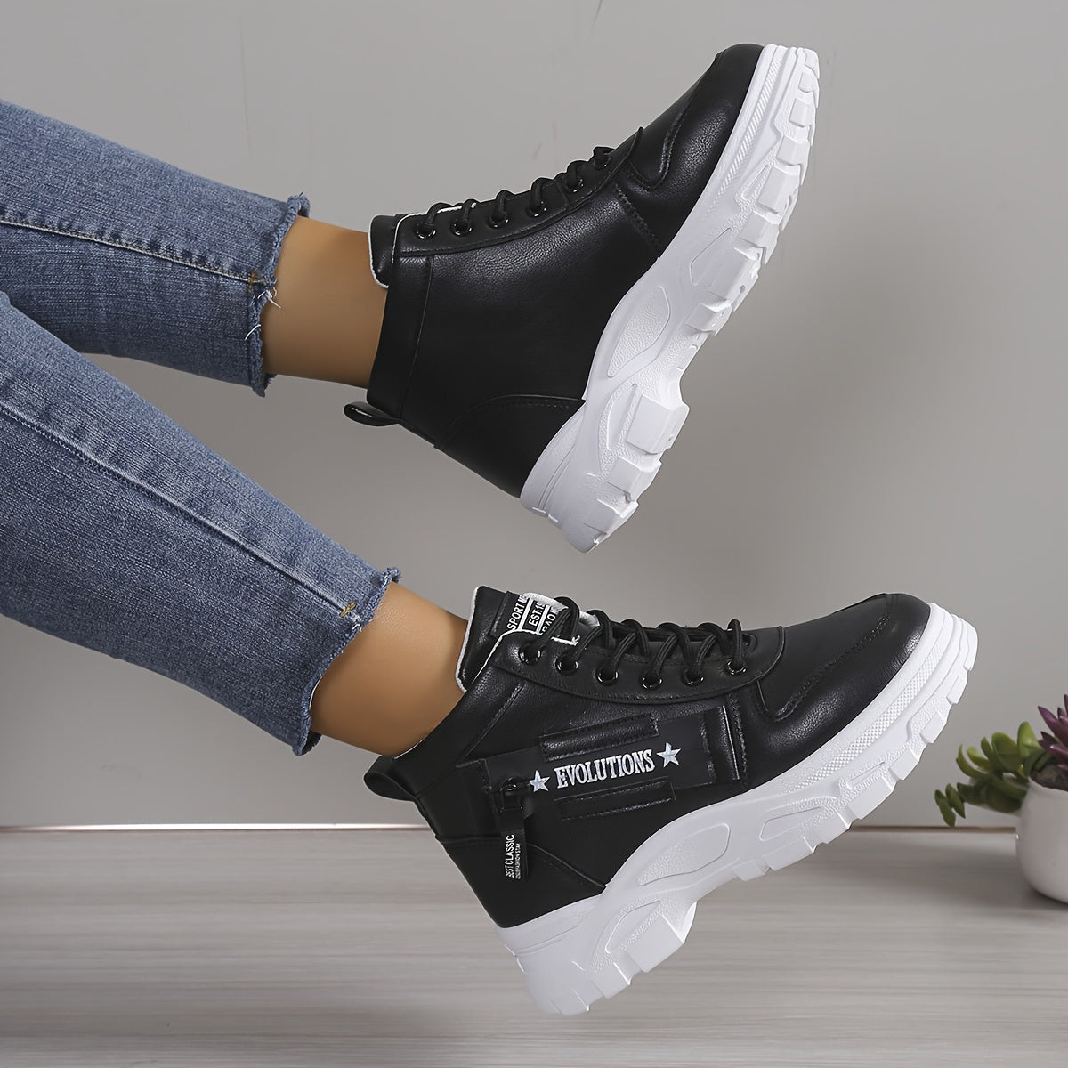 Women's Letter Graphic Side Zipper Platform Sneakers, Lace-up Fashion High-top Casual Sports Shoes With Hidden Heel, Women's Comfy Footwear