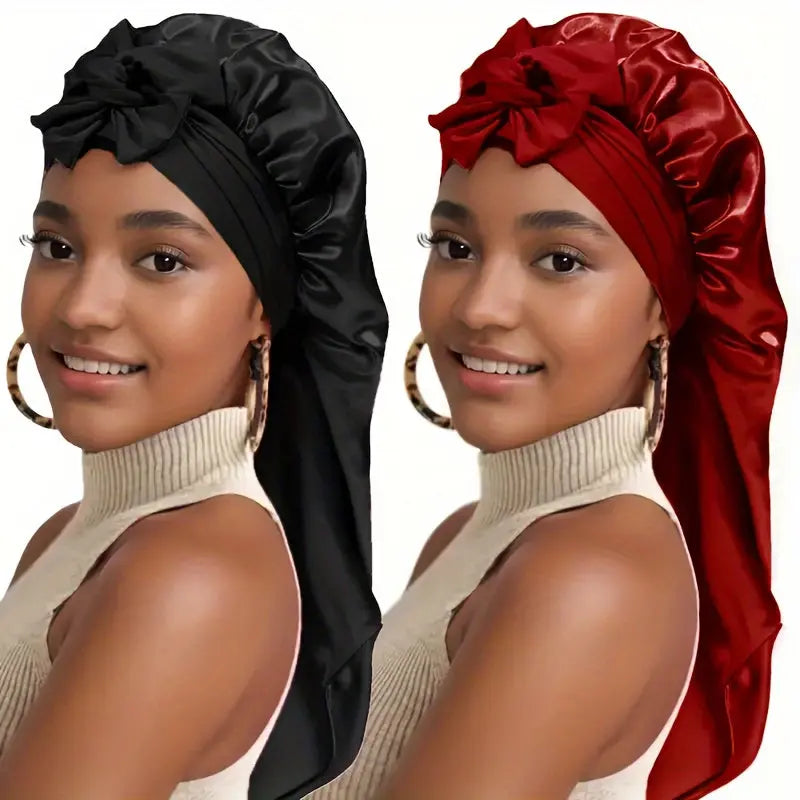 [Satin Sleep Caps] 2pcs Extra Long Satin Sleep Caps - Soft 100% Polyester, Adjustable Tie Design, Comfortable & Stylish for Women in Black & Pink Chic Le'Meek