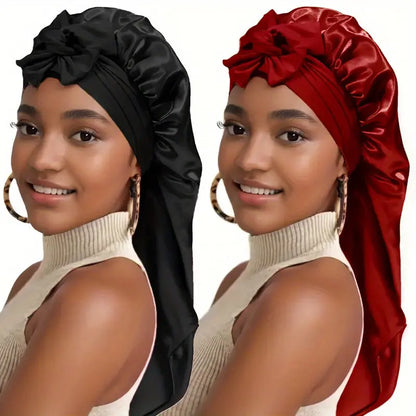 [Satin Sleep Caps] 2pcs Extra Long Satin Sleep Caps - Soft 100% Polyester, Adjustable Tie Design, Comfortable & Stylish for Women in Black & Pink Chic Le'Meek