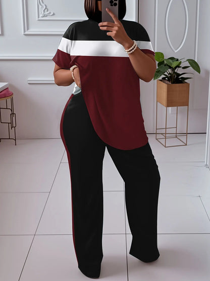Women'S Plus Size Casual Color Block 2pcs Set - Elegant Crew Neck Short Sleeve Top & Straight Leg Pants, 95% Polyester 5% Elastane, Medium Stretch Knit Fabric, Machine Washable Chic Le'Meek