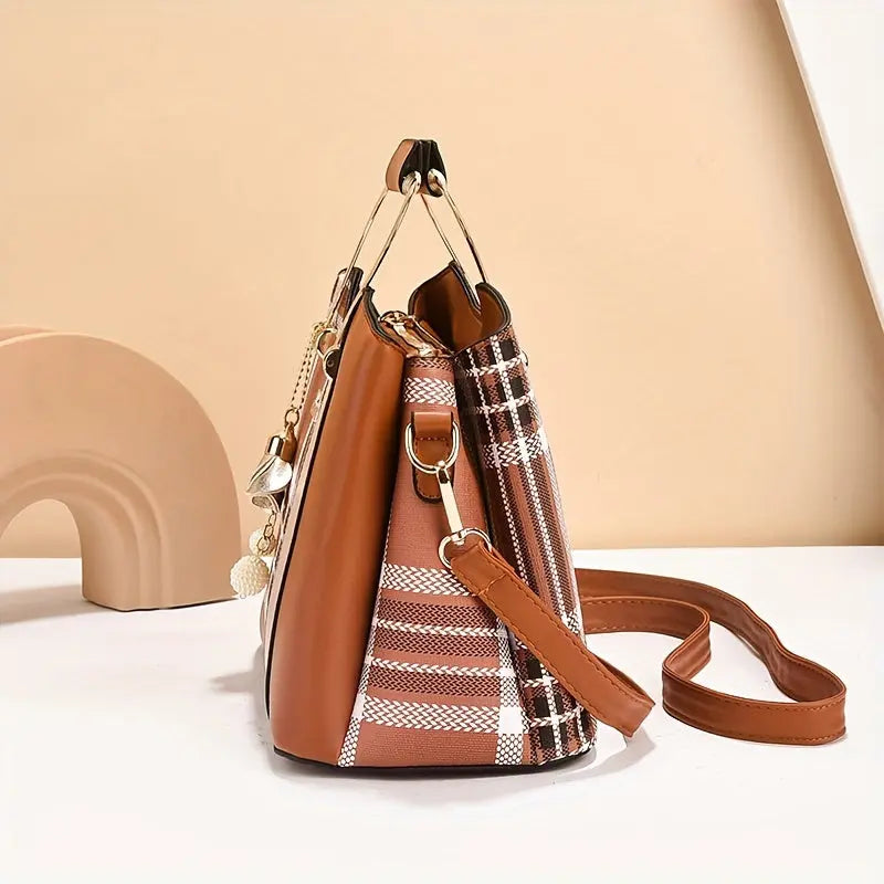 [Elegant Tote Bag] Elegant Plaid Tote Bag | Detachable Shoulder Strap & Zipper Closure, Black with Golden Accents, Charm Charms & Oil-Edged Trim, Versatile Handbag for Casual & Formal Outfits, Retro Handbag, Formal Accessory, Chic Le'Meek