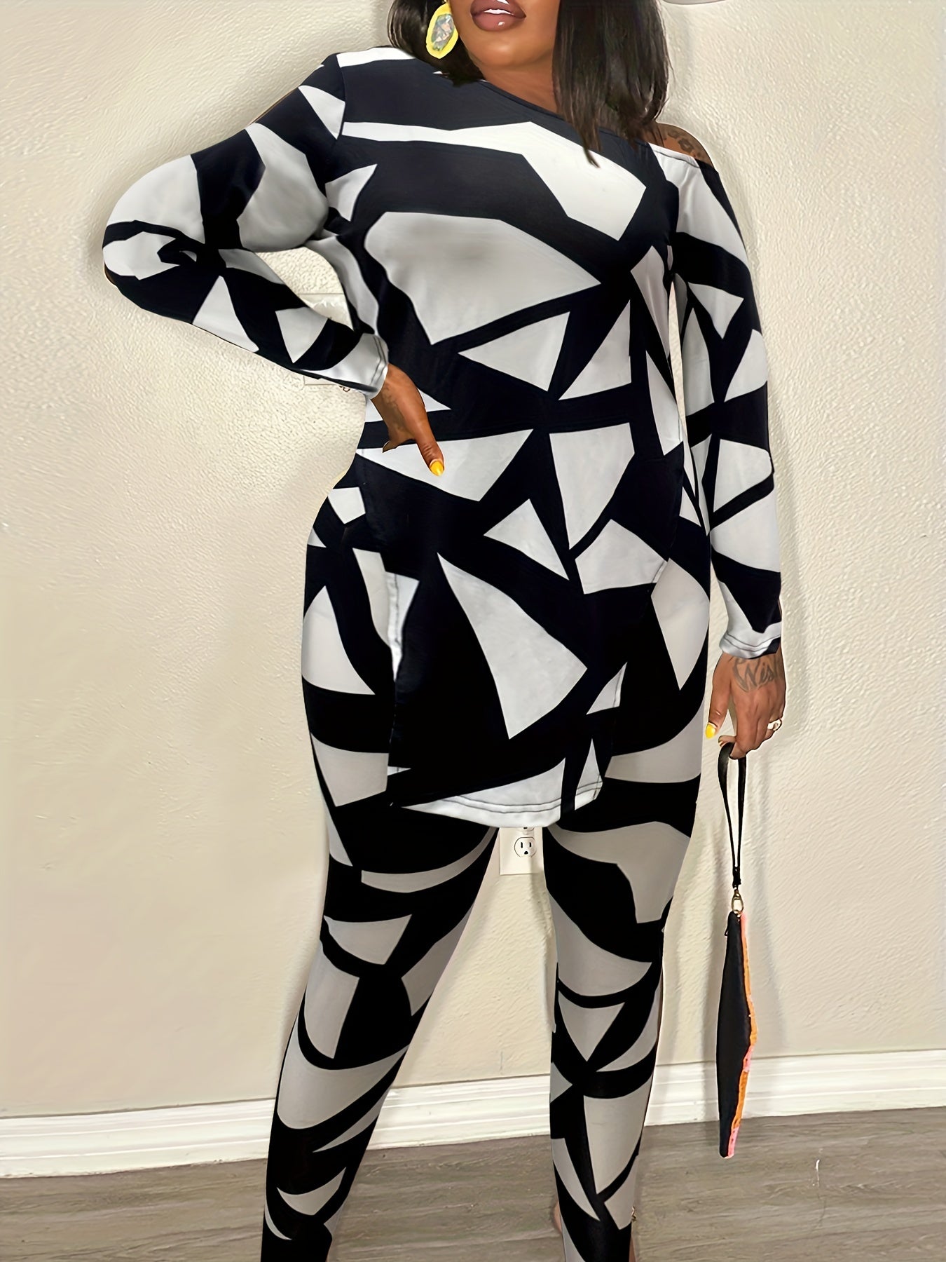 Geometric Print Split Hem Long Sleeve Top And Pants Set