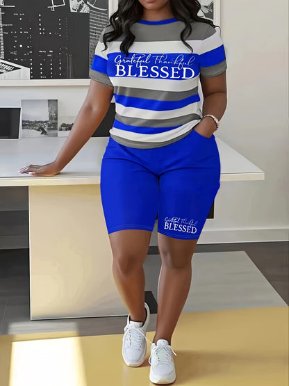 Plus Size BLESSED Print Biker Shorts Set - Comfortable Crew Neck Striped Short Sleeve Tee & Pocket Biker Shorts with Medium Stretch Fabric, Straight Leg Hem, and Positioning Printing - Perfect for Casual Scene