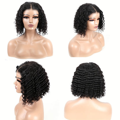 16 150% Density Deep Wave Curly Bob Wig - 13x4 Transparent Lace Front, Pre-Plucked Hairline, Natural Black, Baby Hair, Soft and Breathable, Suitable for All Women