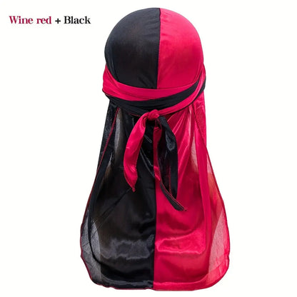 Silky Durag - Assorted Colors Satin Pirate Cap with Long Tail, Wide Straps, Elastic Breathable Head Wrap Chic Le'Meek