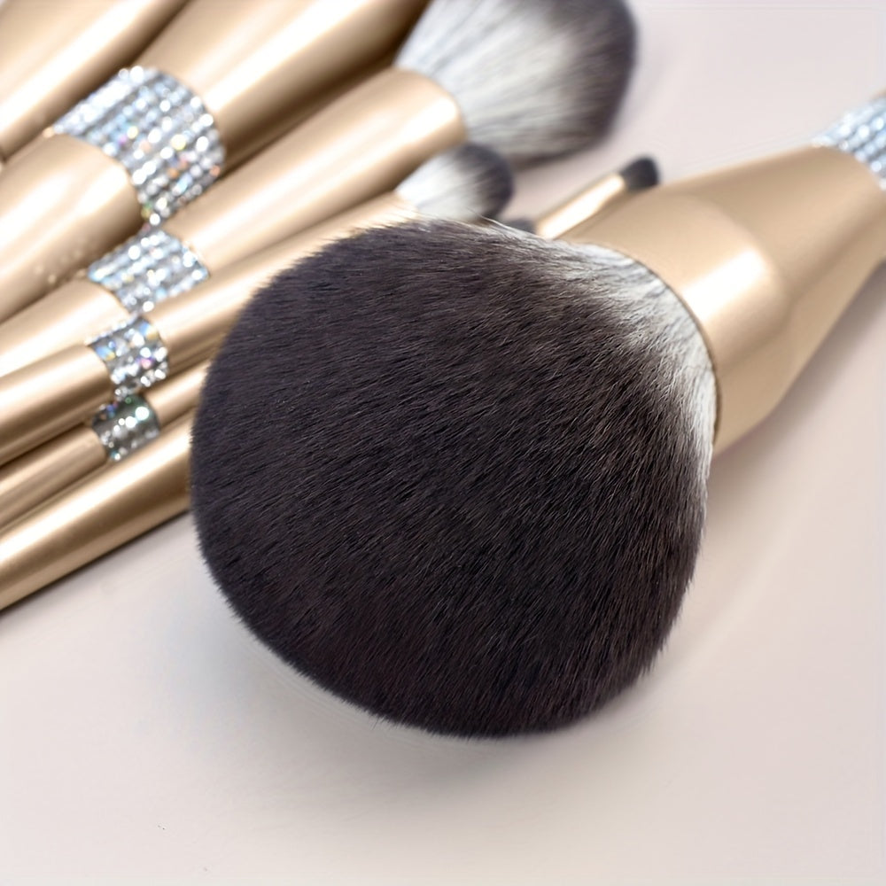 12-Piece Luxurious Crystal Makeup Brush Set - Soft, Cruelty-Free Bristles, Champagne Golden Handle, Portable Case - Ideal for Powder, Blush, Foundation, Eyeshadow, Highlighter, Concealer, and Makeup Artists of All Levels