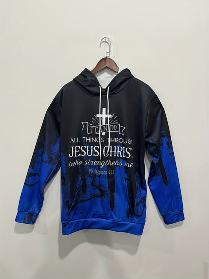 JESUS CHRIST Print Men's Casual Long Sleeve Hoodie With Drawstring Pockets, Trendy 3D Letter Graphic Hooded Pullover Sweatshirt Loungewear Top Daily Tops For Autumn